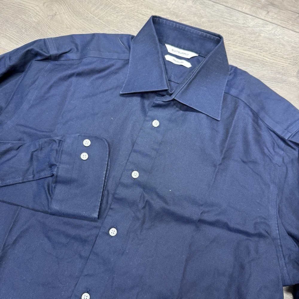 Suitsupply Travelled Navy Blue Men's Button Up Shirt Sz 15.5-39 Slim Fit Classy